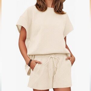 Cream Textured Short Sleeve Top and Shorts Set